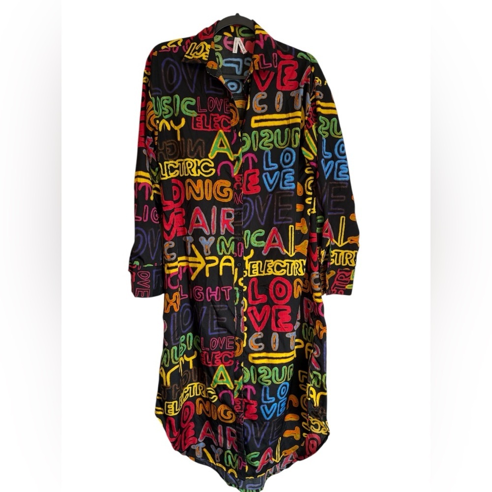 Live 4 Truth button-front tunic top with a neon graffiti print